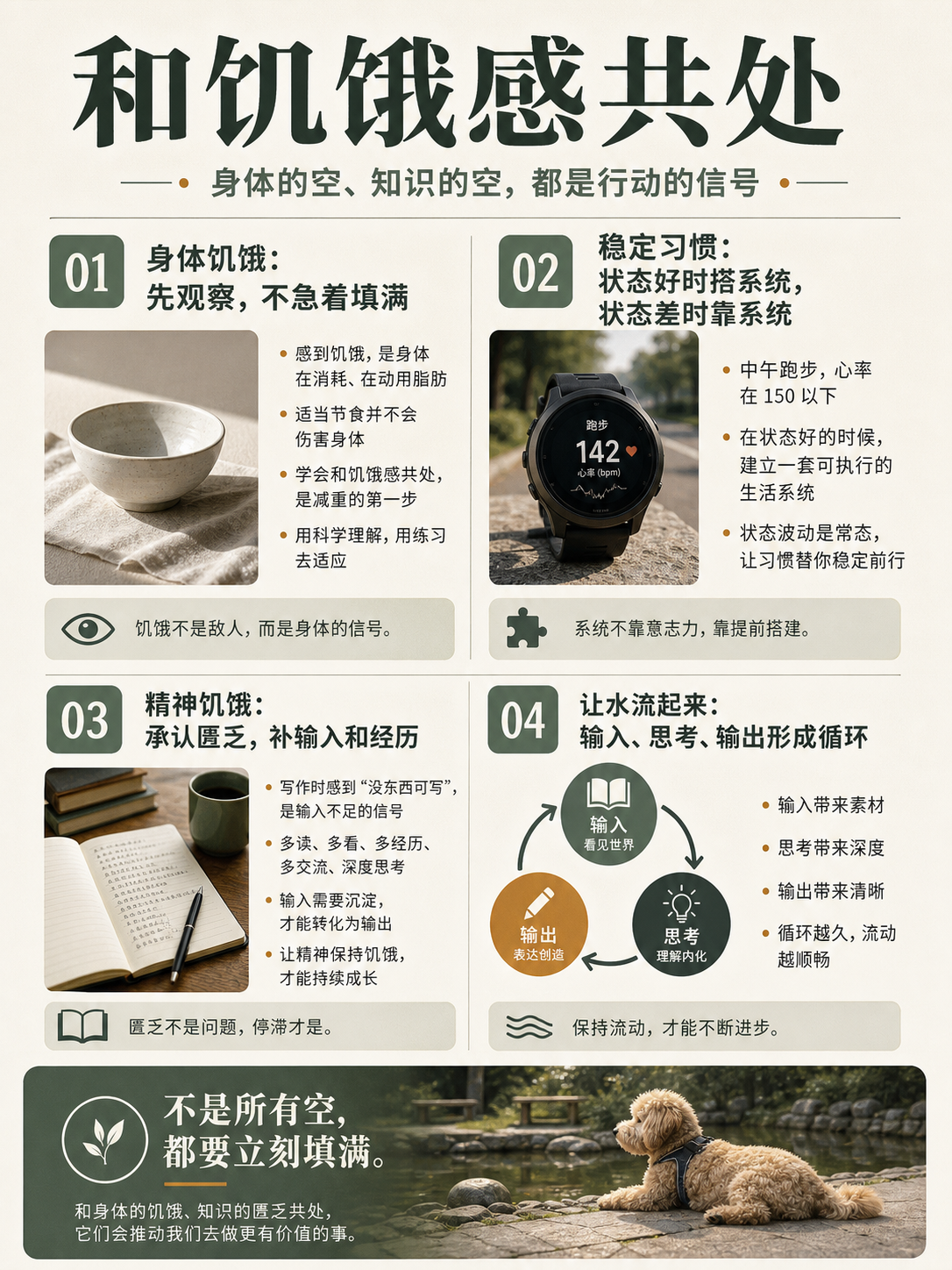 和饥饿感共处的信息图:身体饥饿、稳定习惯、精神饥饿、输入思考输出循环